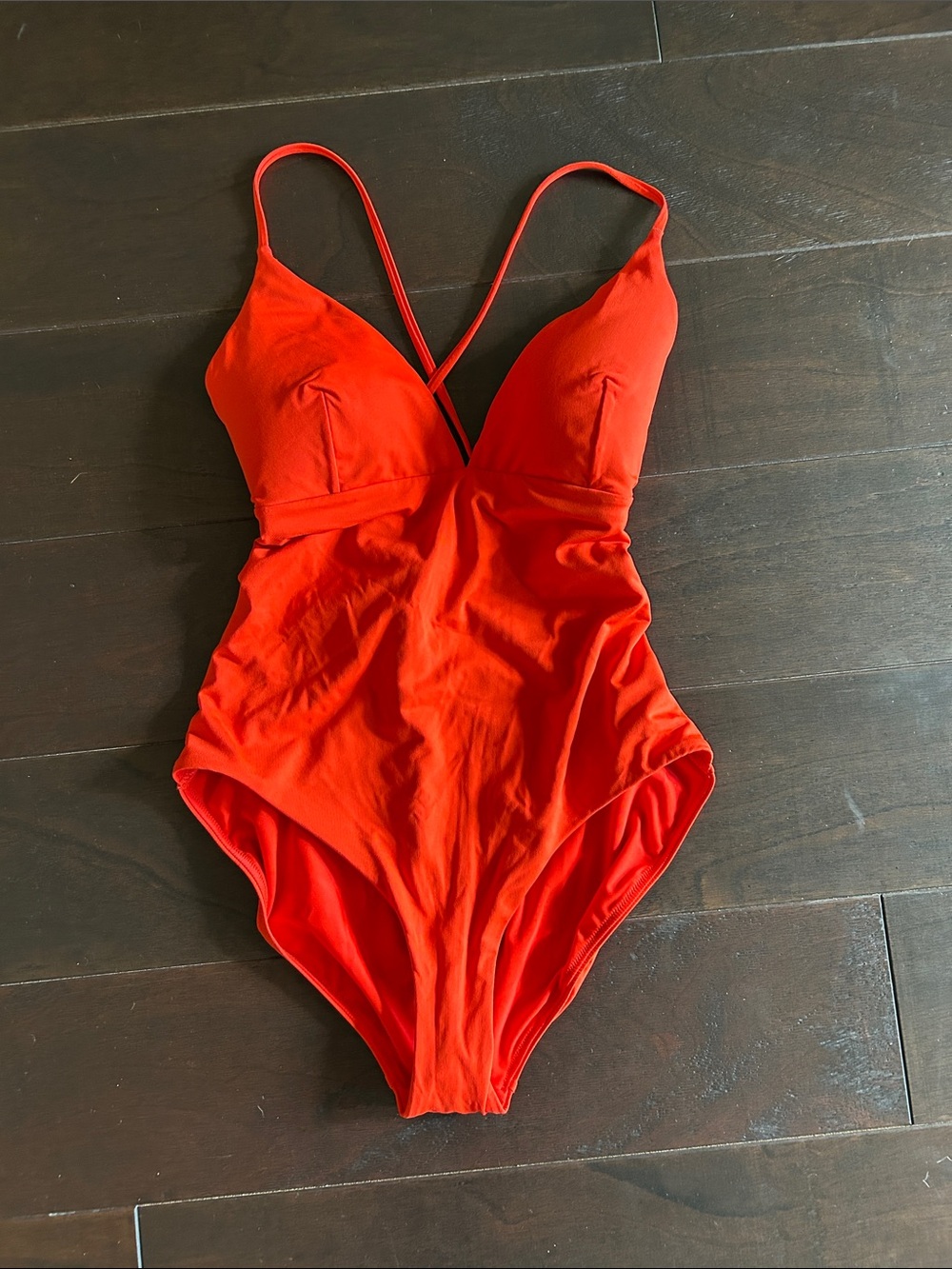 Women's Red V-Neck One-Piece Swimsuit with Crisscross Straps